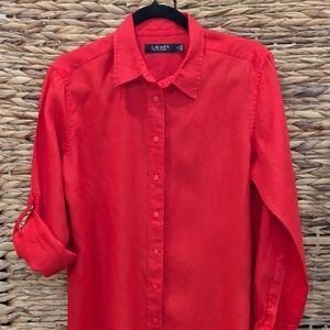Lauren Ralph Lauren Red Linen Button Down Shirt Size Medium